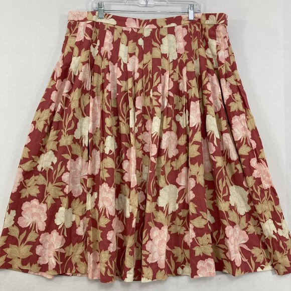 Ryegrass size 18W Brown Pink Floral Linen Blend Pleated Side Zip Midi Skirt - Picture 1 of 10